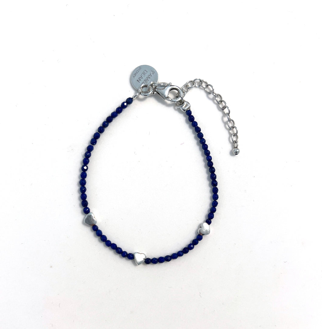 Blue Lapis Lazuli Bracelet with Sterling Silver Hearts
