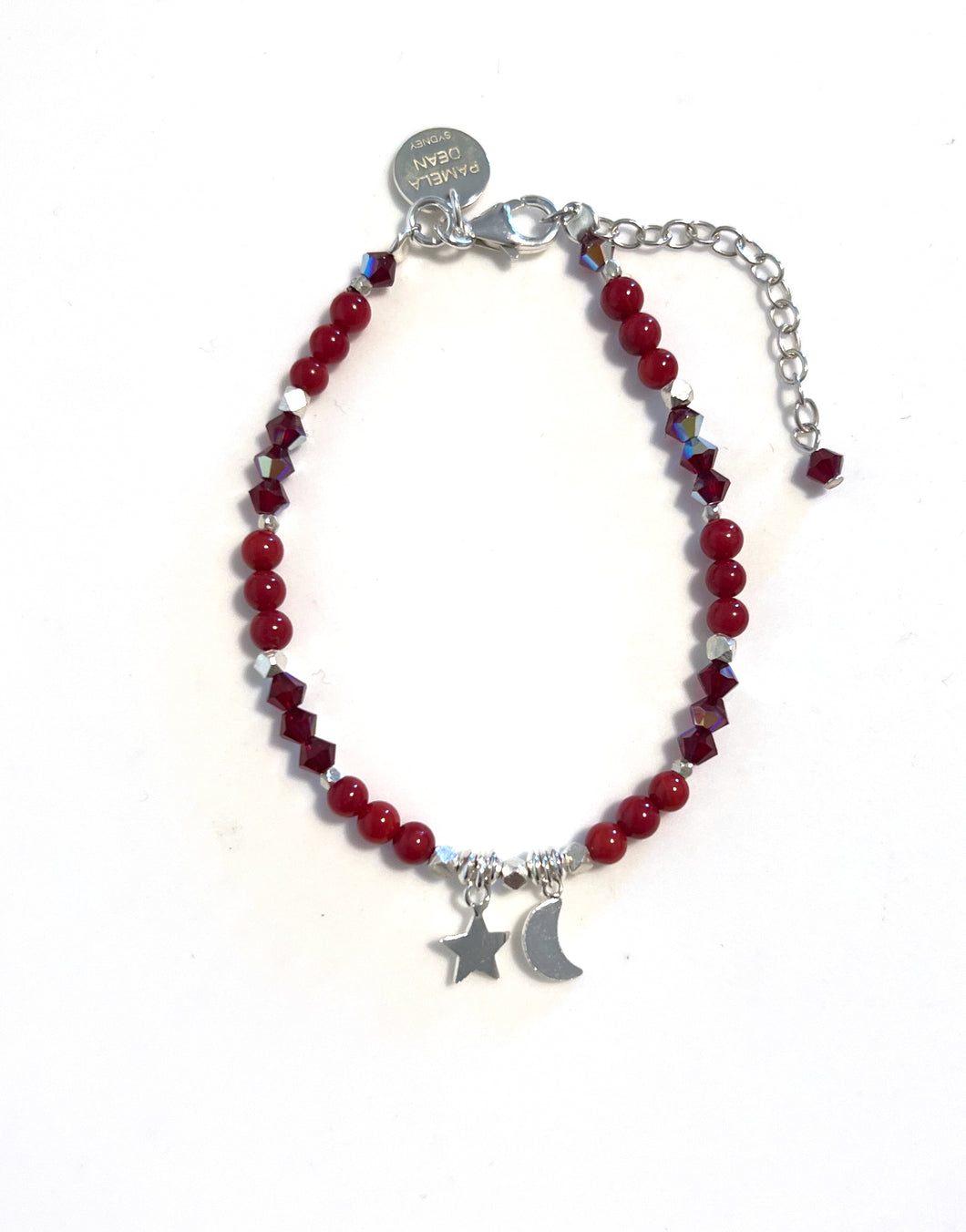 Red Coral Bracelet with Swarovski Crystals and Sterling Silver Star and Moon Charms