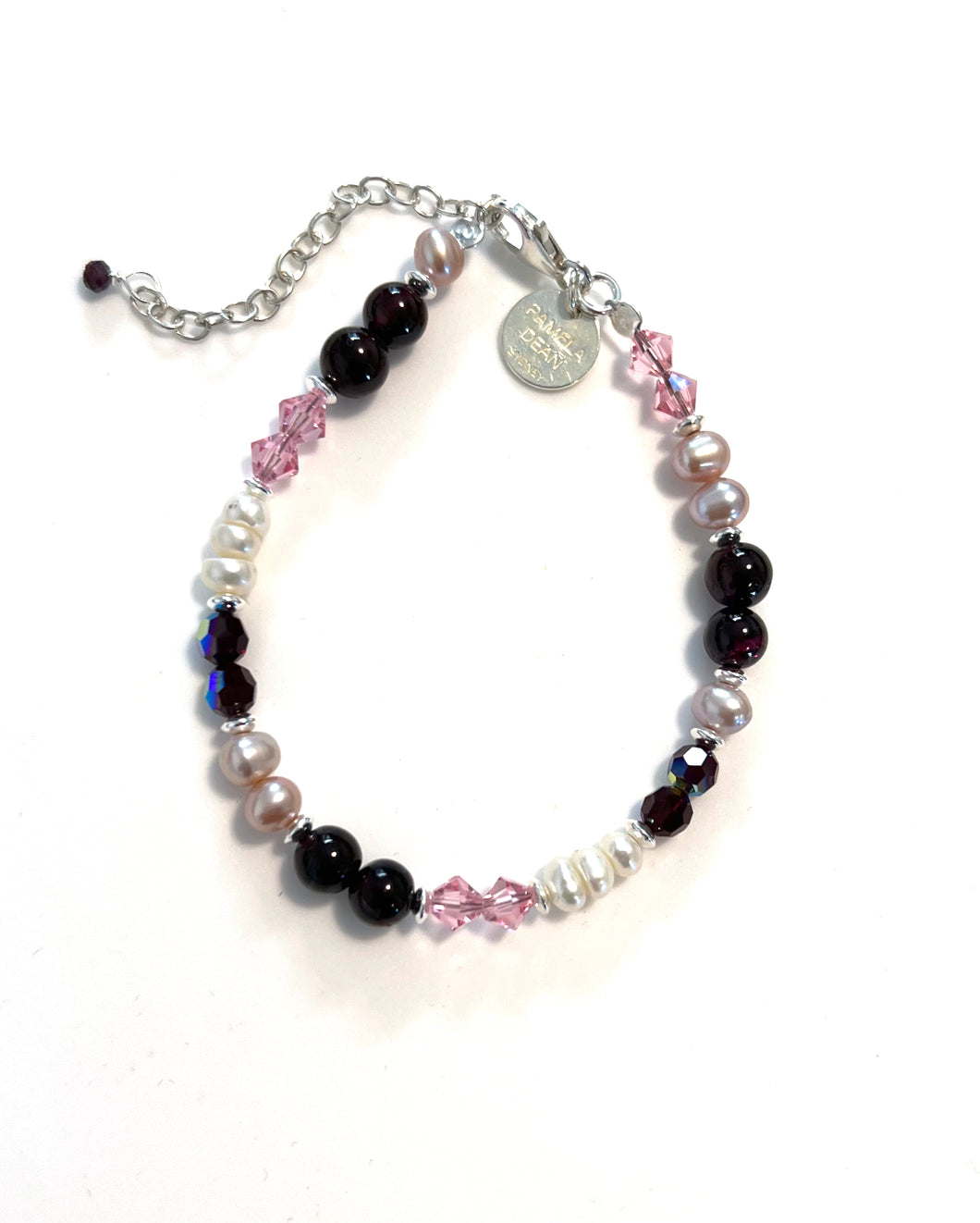 Pink Bracelet with Pearls Garnet Swarovski Crystal and Sterling Silver