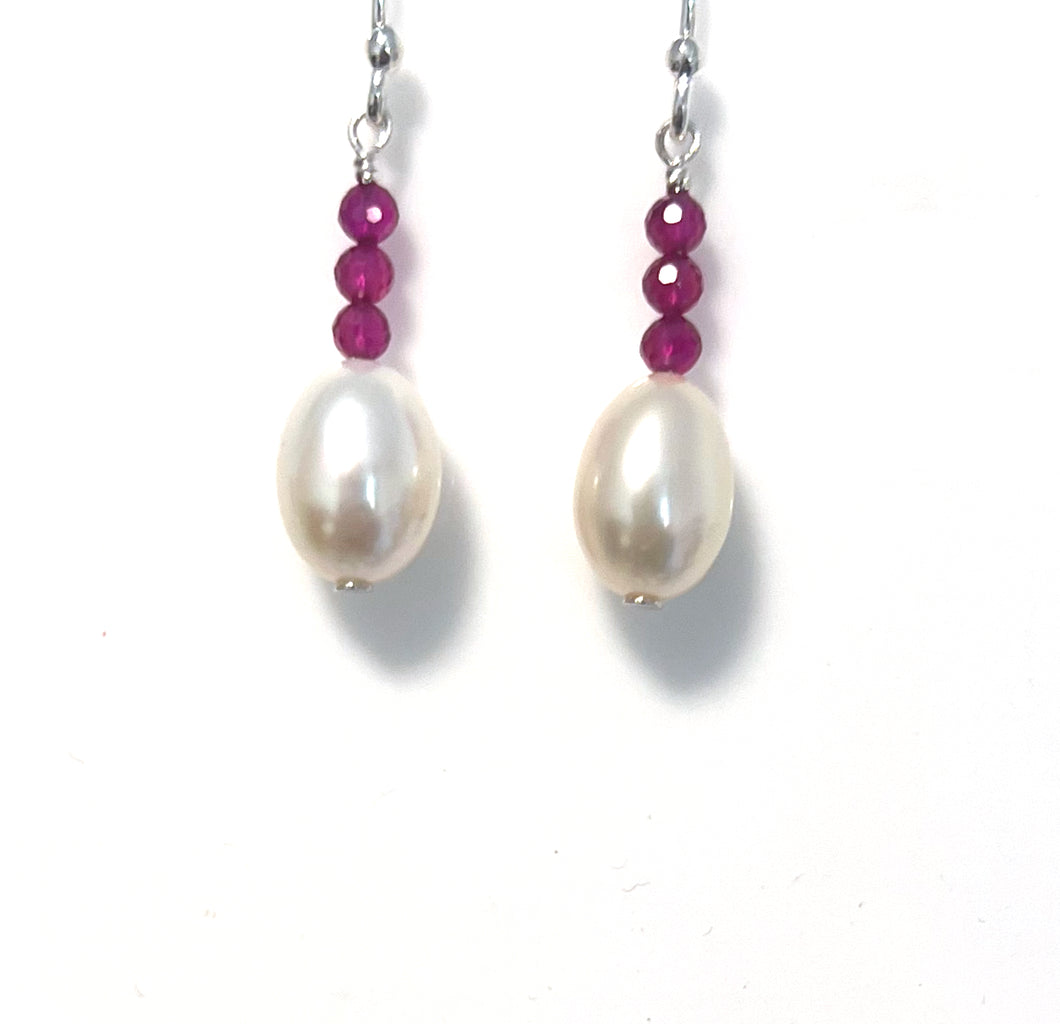 Pink Earrings with Ruby and Pearls
