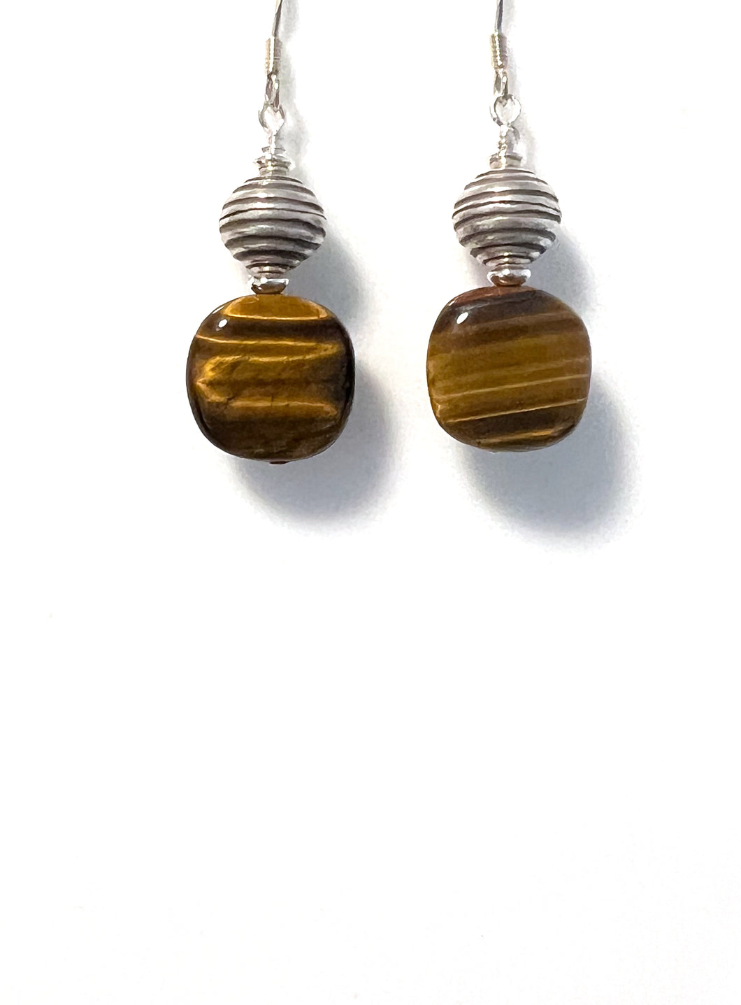 Brown Tigers Eye with decorative Sterling Silver Bead Earrings