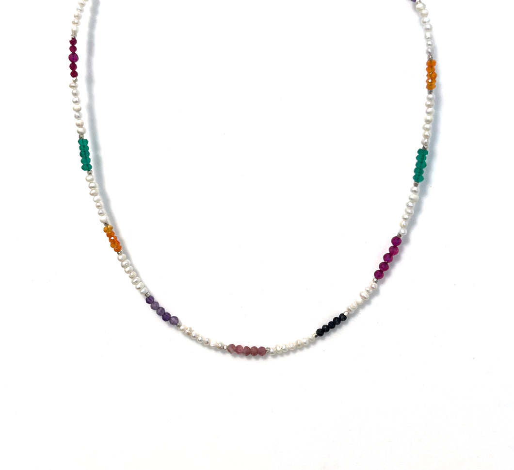 Australian Handmade White Pearl Necklace with Ruby Amethyst Pink Tourmaline Carnelian Green Onyx and Sterling Silver
