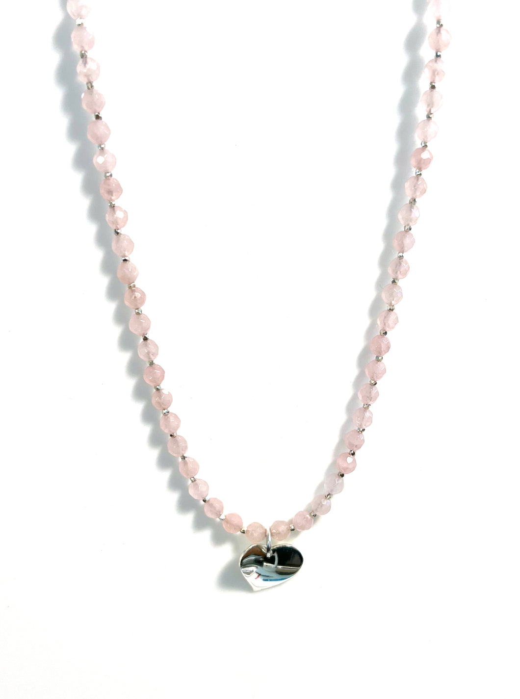 Australian Handmade Pink Necklace with Facetted Rose Quartz and Polished Sterling Silver Heart