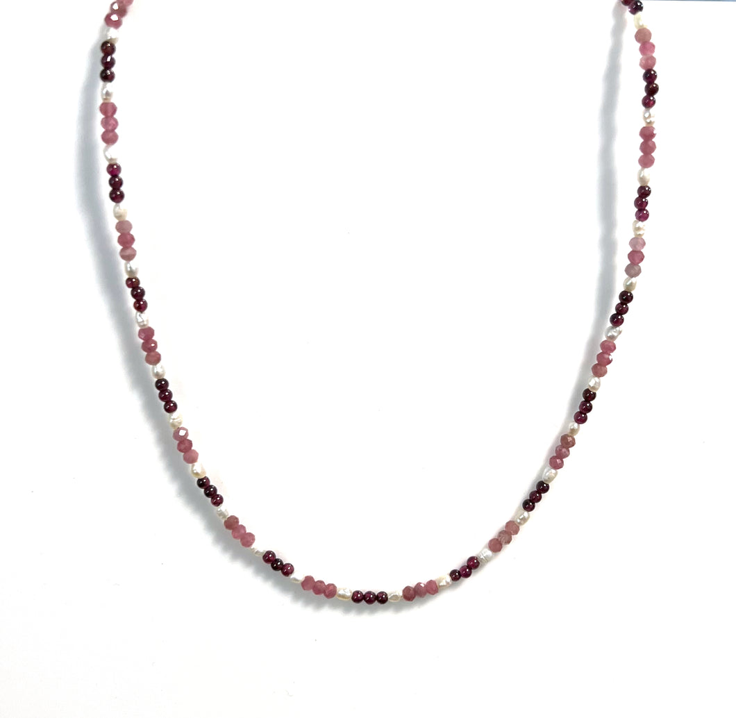 Australian Handmade Pink Necklace with Garnet Pink Tourmaline and White Seed Pearls