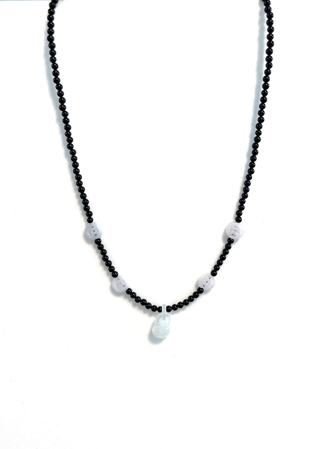 Australian Handmade Black Necklace with Polished Black Onyx White Carved Jade Beads and Sterling Silver