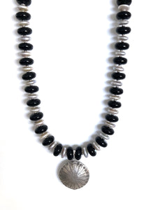 Australian Handmade Black Necklace with Onyx Button Pearls and Sterling Silver Pendant