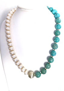 Australian Handmade Turquoise Colour Necklace with Amazonite Large Button Pearls and Sterling Silver