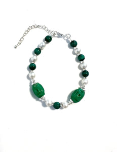 Green Bracelet with Malachite Pearls Jade and Sterling Silver