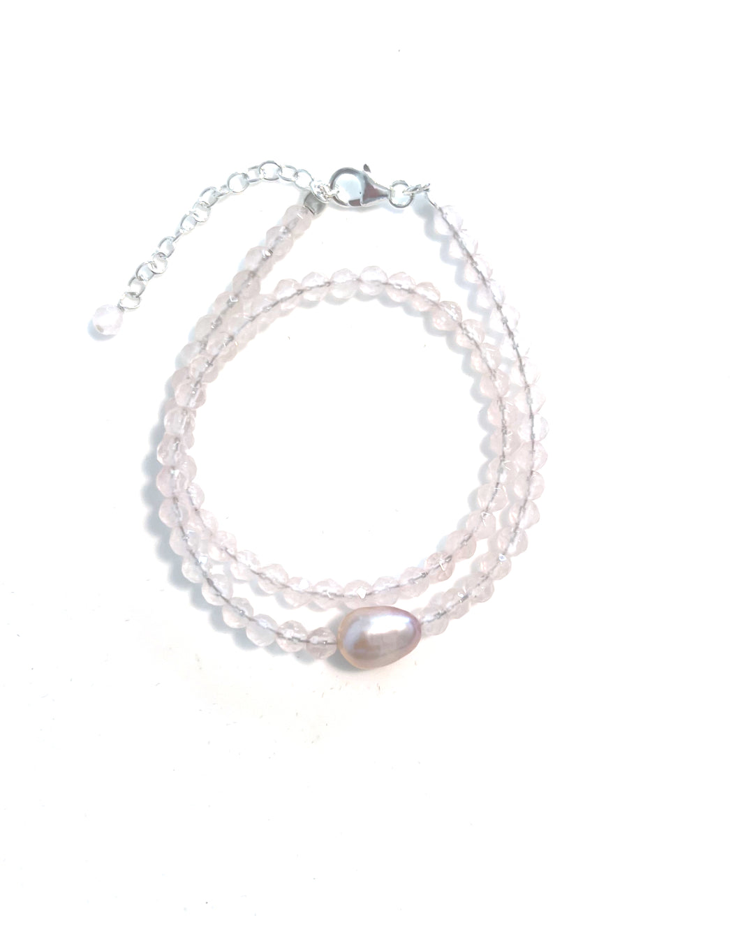 Pink Bracelet with Facetted Rose Quartz Double Wrap with Pearl and Sterling Silver