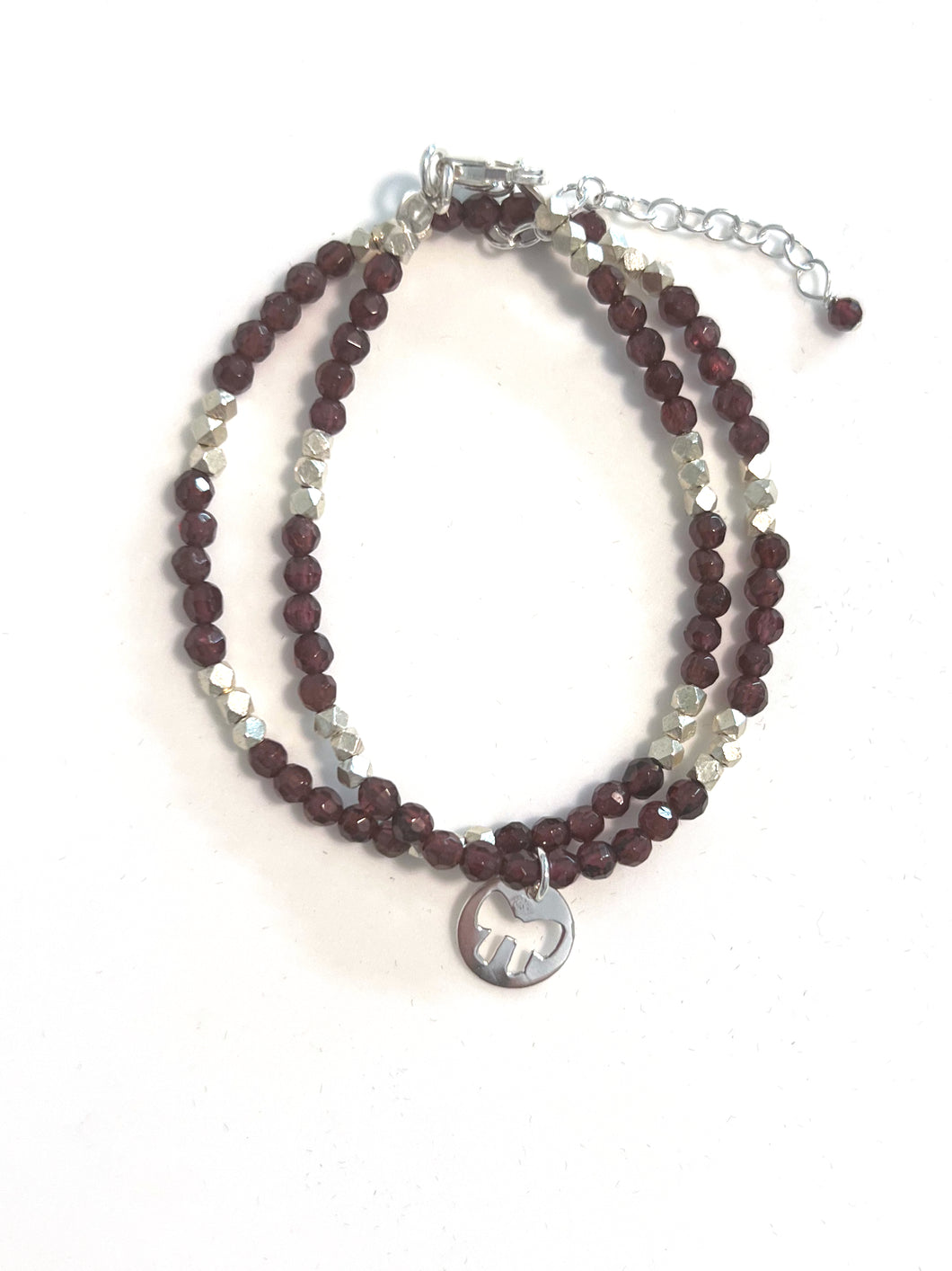 Red Double Wrap Facetted Garnet Bracelet with Sterling Silver Beads and Bow Charm