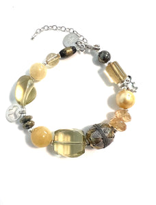 Yellow Bracelet with Afghani Bead Yellow Jade Citrine Pyrite Pearl and Sterling Silver