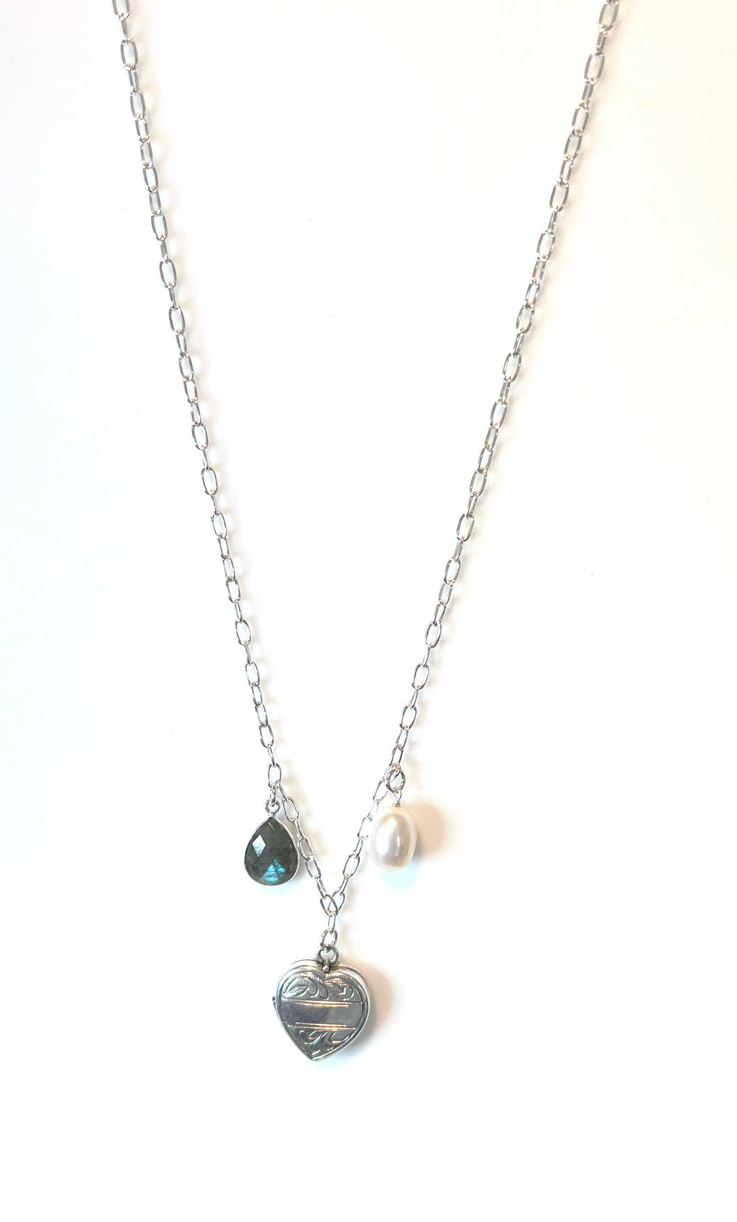 Sterling Silver Necklace with Vintage Locket Labradorite and Pearl