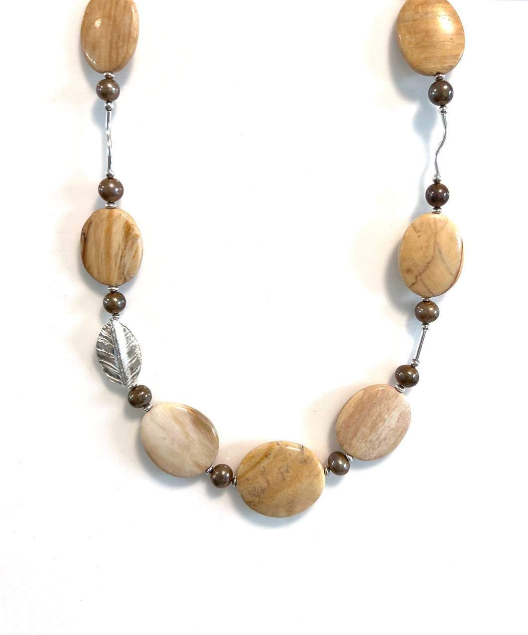 Australian Handmade Brown Necklace with Wood Opalite Pearls and Sterling Silver