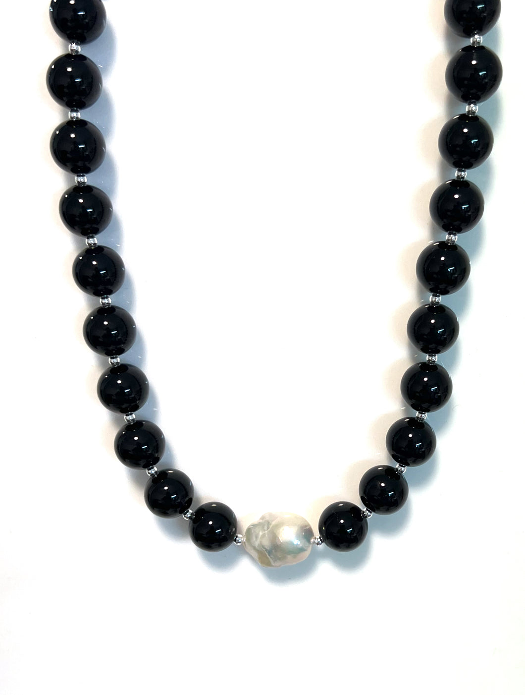 Australian Handmade Black Necklace with Polished Onyx Baroque Pearl  and Sterling Silver