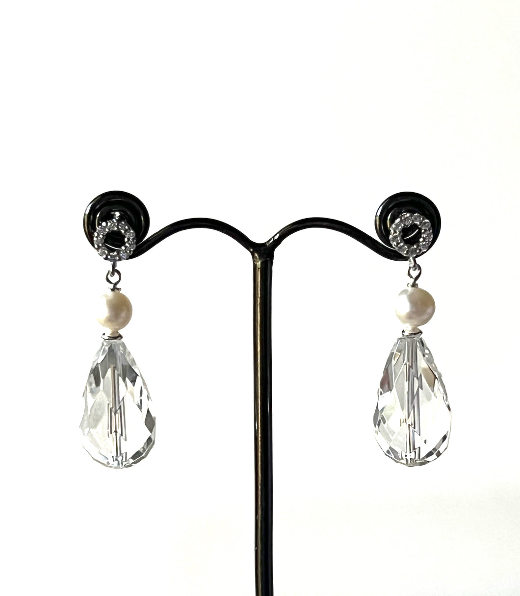 Clear Quartz Pearl with Cubic Zirconia Stud and Sterling Silver Earrings