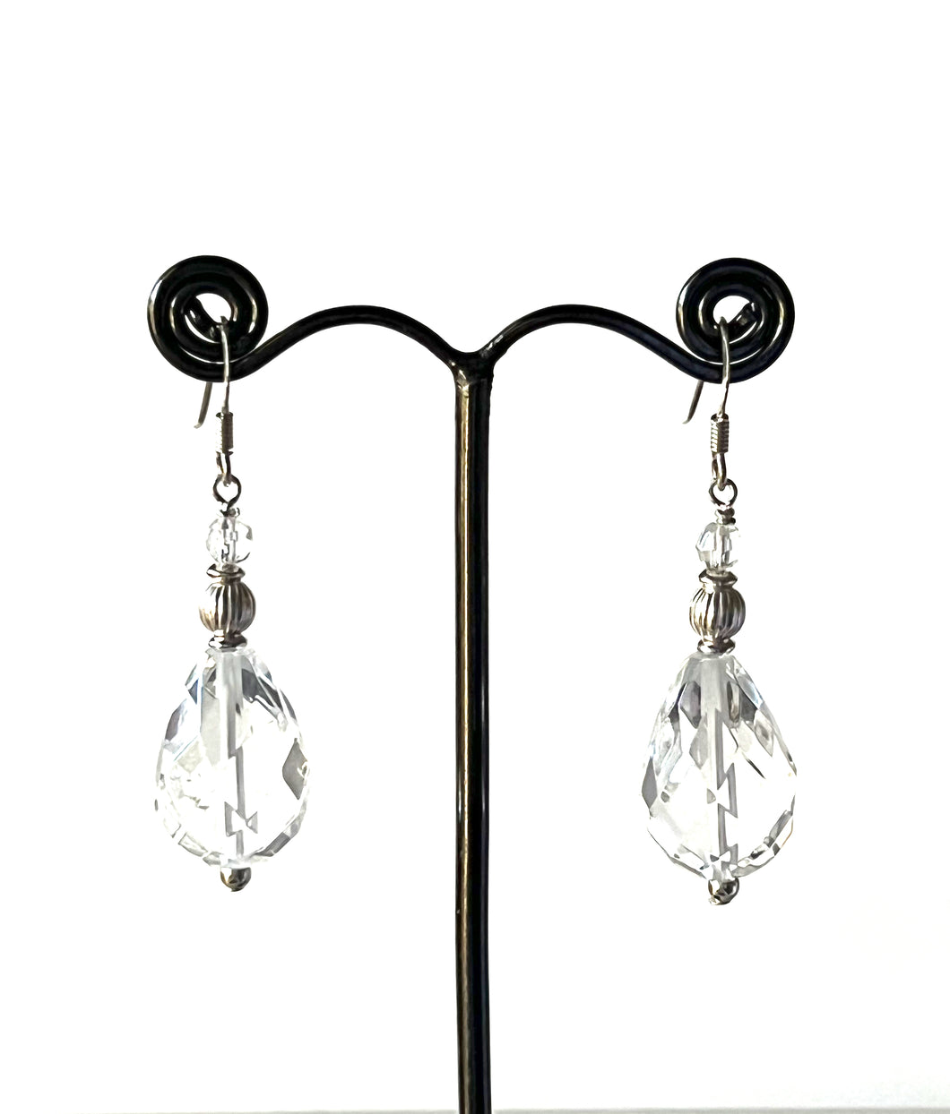 Clear Facetted Quartz Earrings with Decorative Sterling Silver Bead