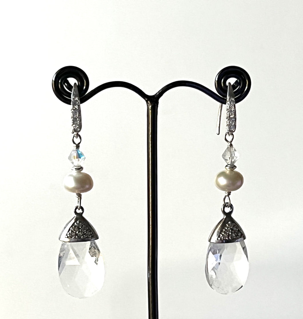 Clear Quartz Earrings with Swarovski Crystal Pearl and Cubic Zirconia Cap and Hook