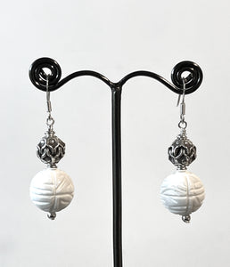 White Carved Shell Earrings with Sterling Silver