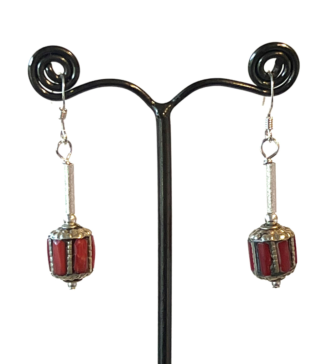 Red Earrings with Nepalese Bead and Sterling Silver