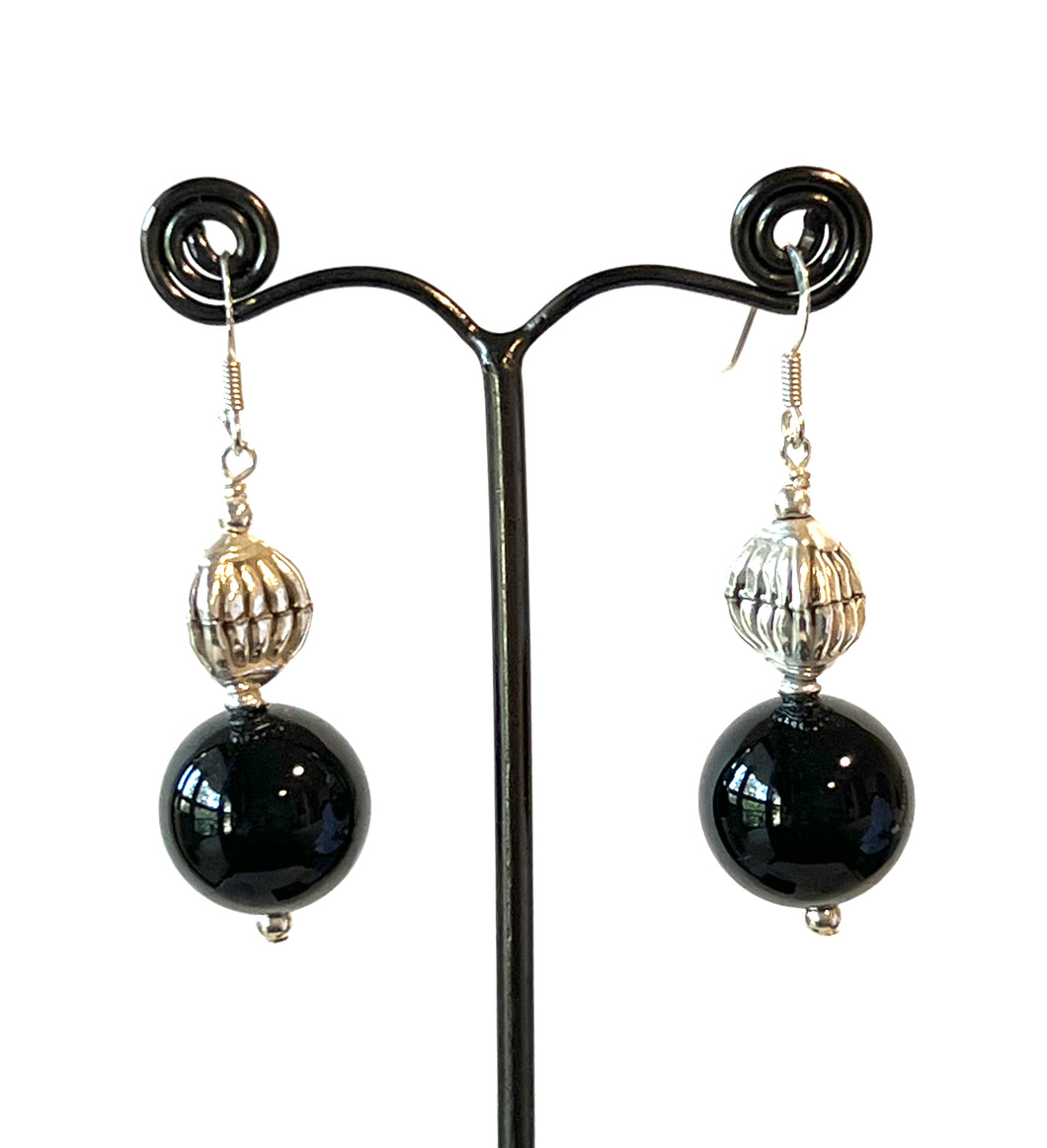 Black Earrings with Onyx and Sterling Silver Bead