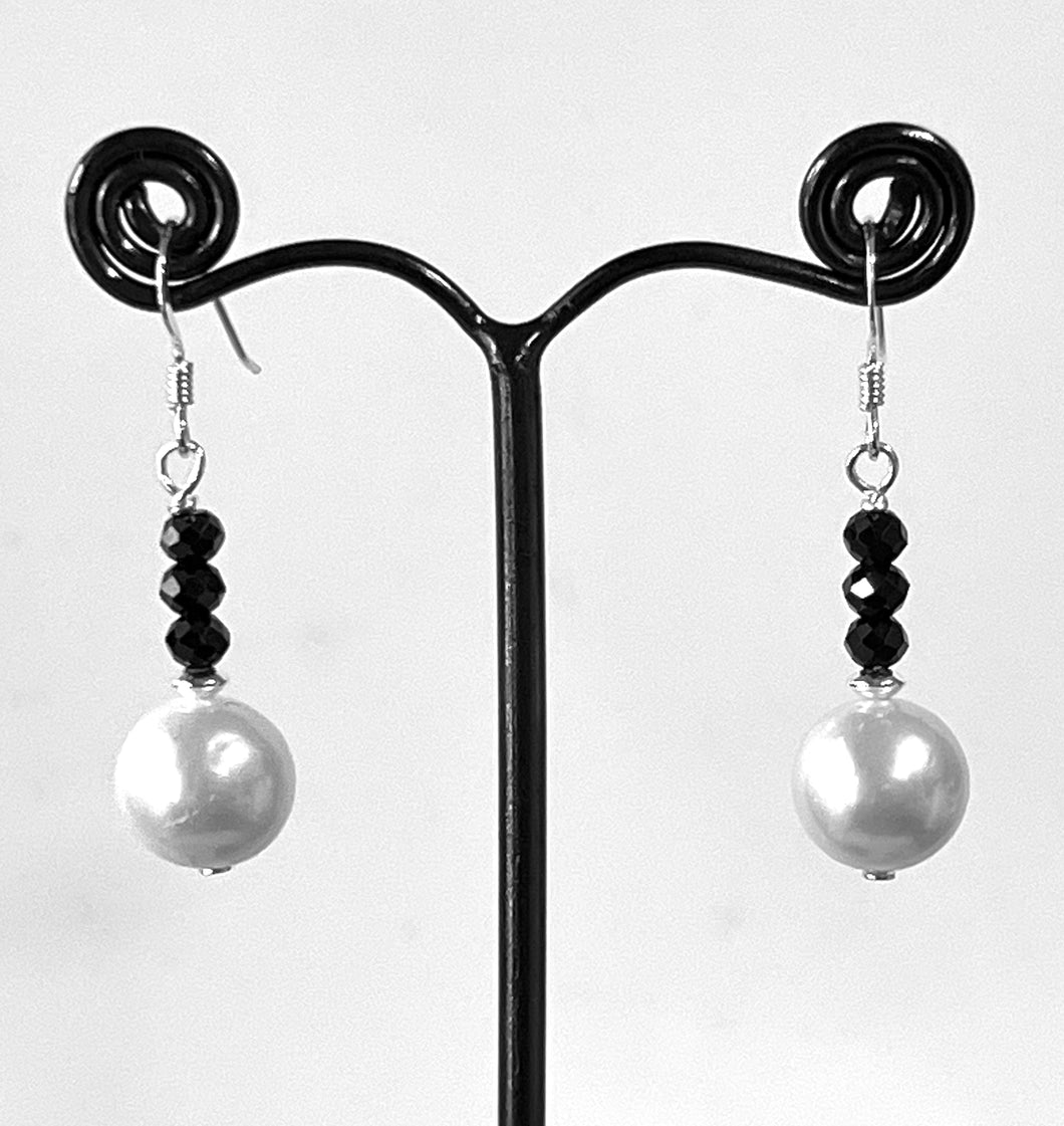 Freshwater White Pearl Earrings with Black Spinel and Sterling Silver