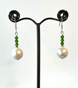 Freshwater White Pearl Earrings with Chrome Diopside and Sterling Silver