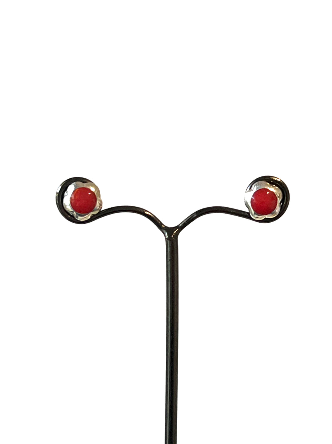 Red Flower Shape Stud Earrings set in Sterling Silver