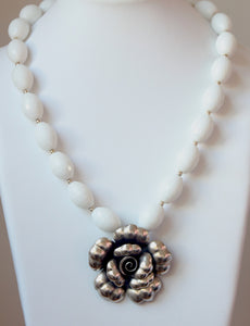 Australian Handmade White Necklace with Facetted White Agate and Sterling Silver Flower Pendant