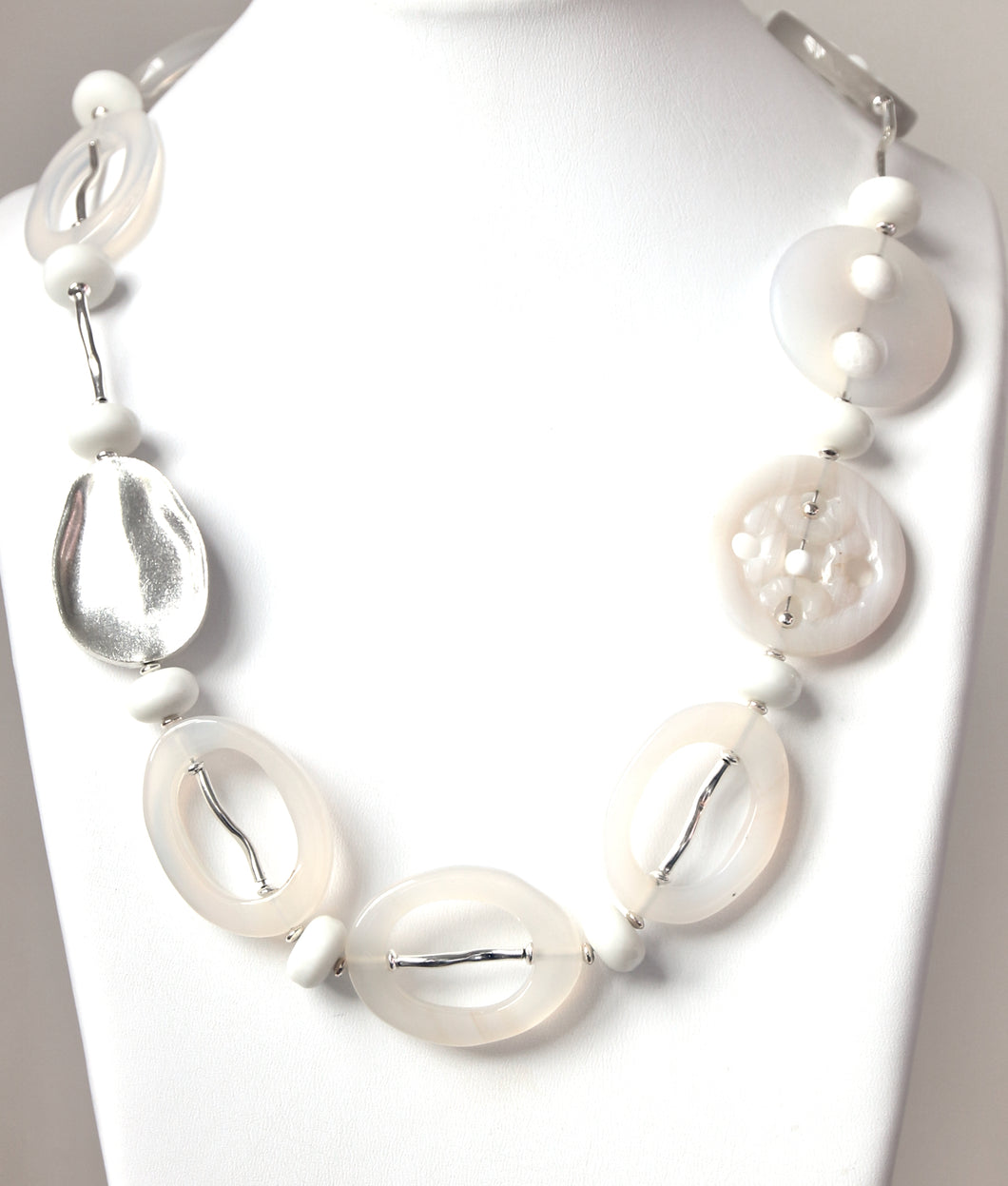 Australian Handmade White Necklace with White Agate White Jade and Sterling Silver