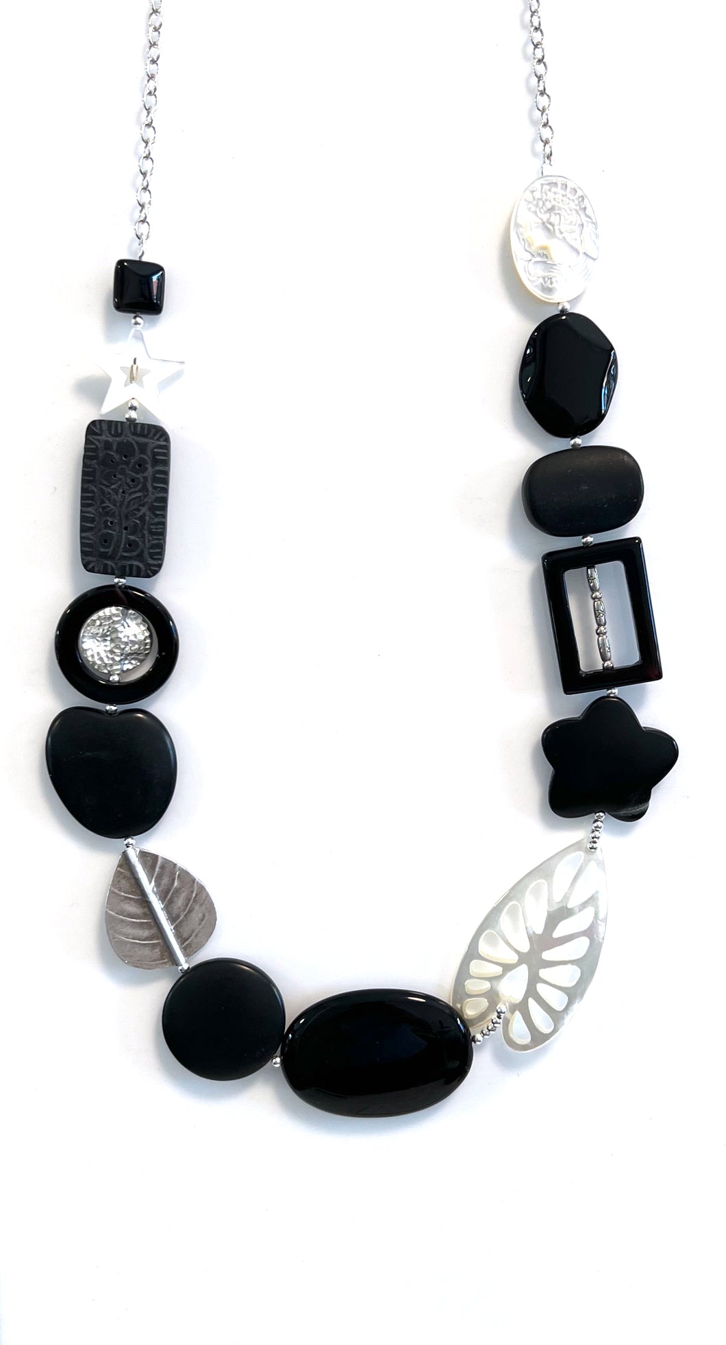 Australian Handmade Black Necklace with Onyx Matt Black Jade Mother of Pearl Agate and Sterling Silver