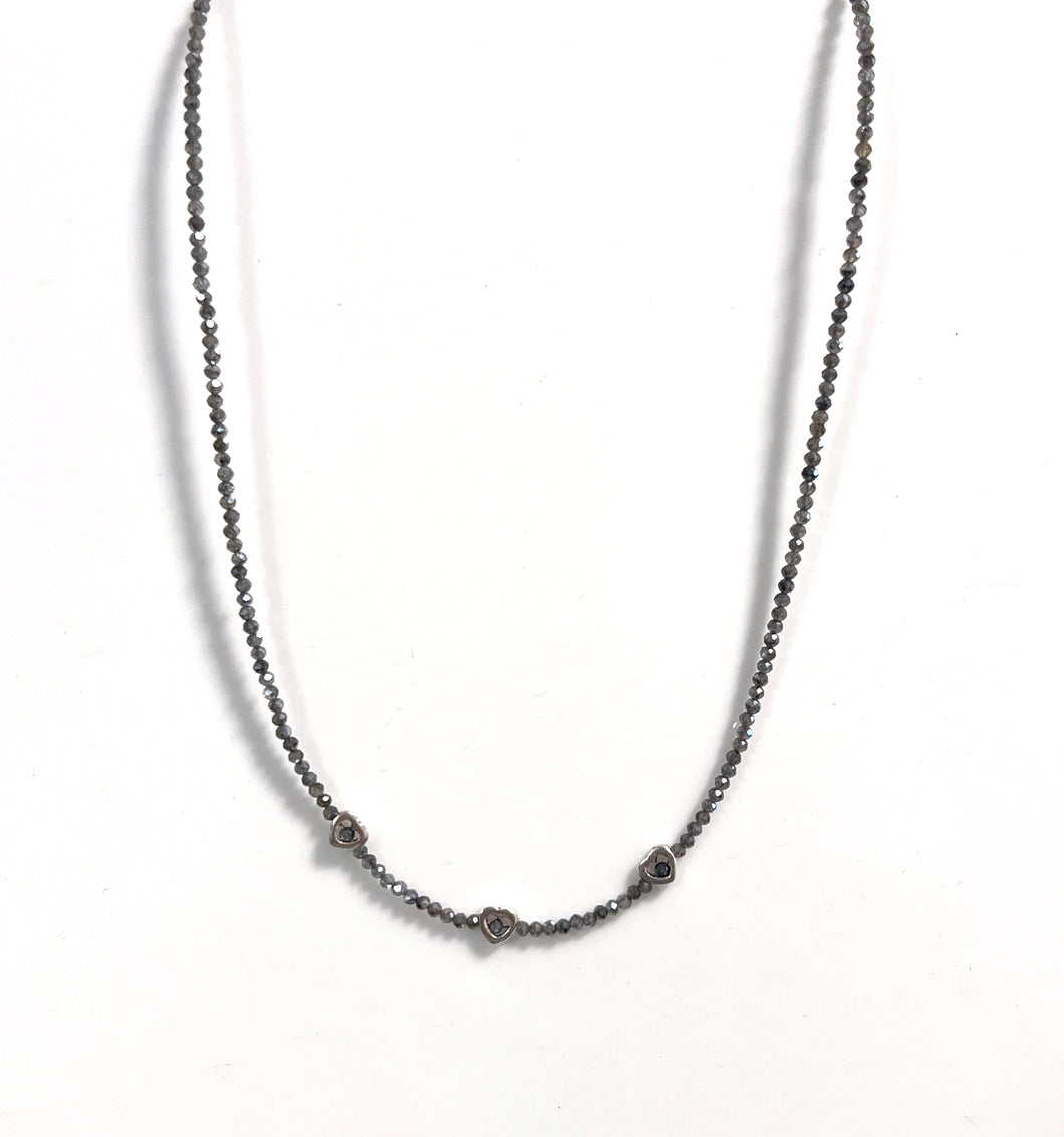 Australian Handmade Grey Facetted Labradorite Necklace with 3 Sterling Silver Hearts