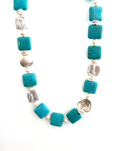 Australian Handmade Turquoise Colour Necklace with Howlite Pearls and Sterling Silver