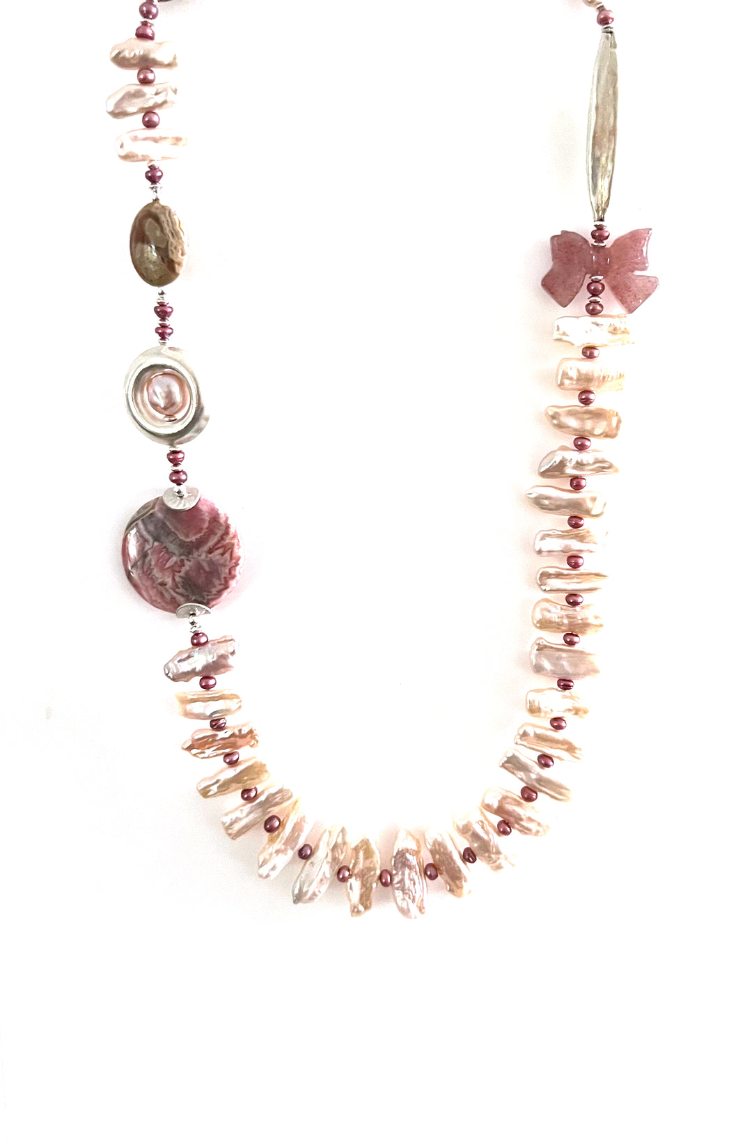 Australian Handmade Necklace with Pink Pearls Rhodochrosite and Sterling Silver