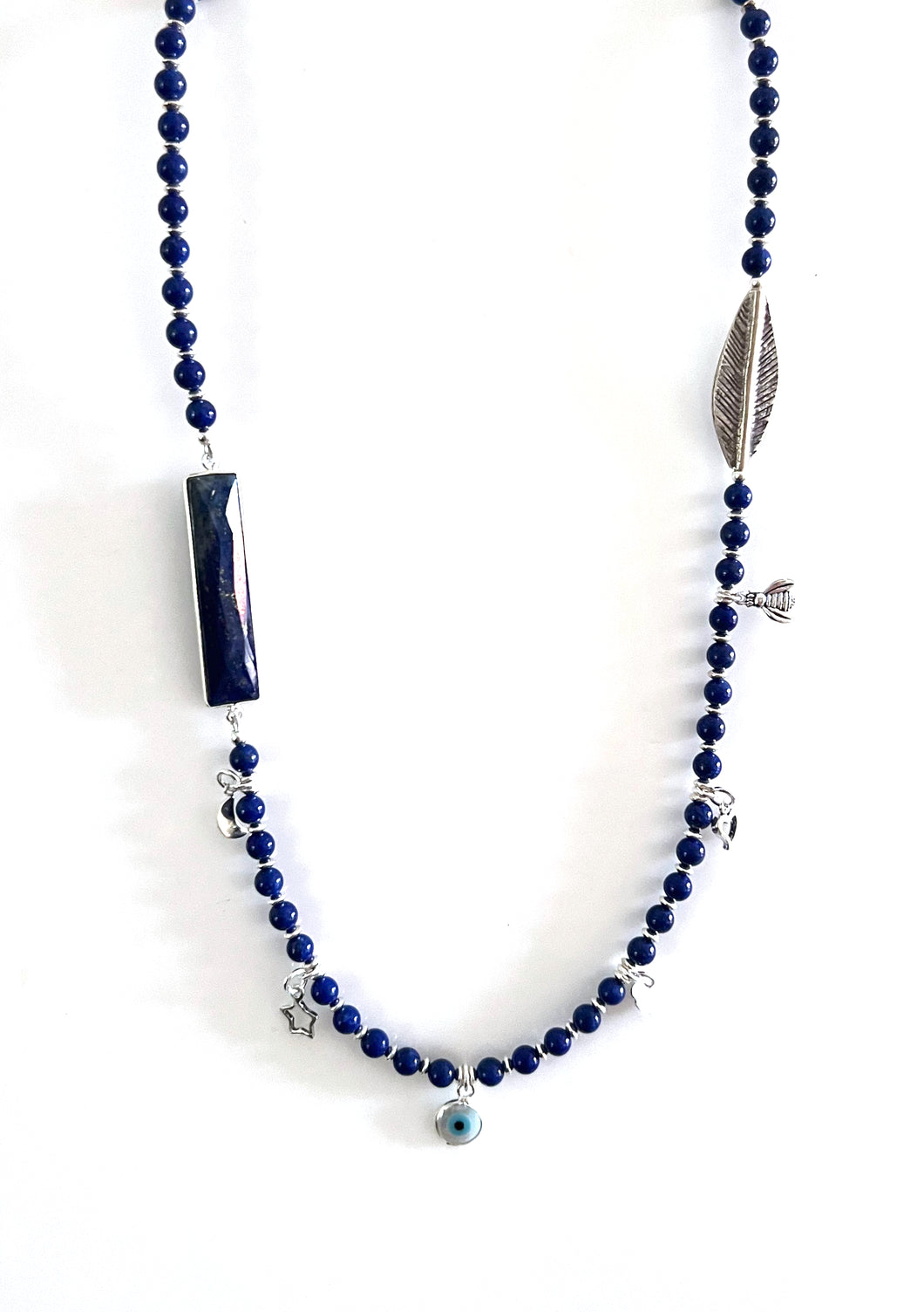 Australian Handmade Blue Necklace with Lapis Lazuli Sterling Silver Charms and Evil Eye