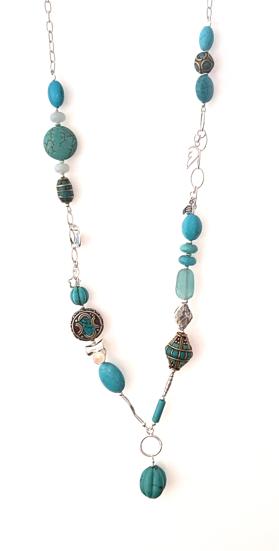 Australian Handmade Necklace with Howlite Amazonite Nepalese Beads Roman Glass Turquoise and Sterling Silver