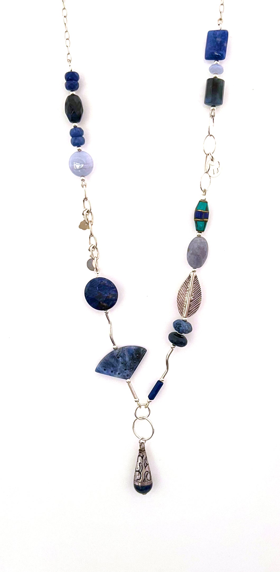 Australian Handmade Blue Necklace with Dumortierite Sodalite Blue Lace Agate Nepalese Bead Tibetan Bead and Sterling Silver