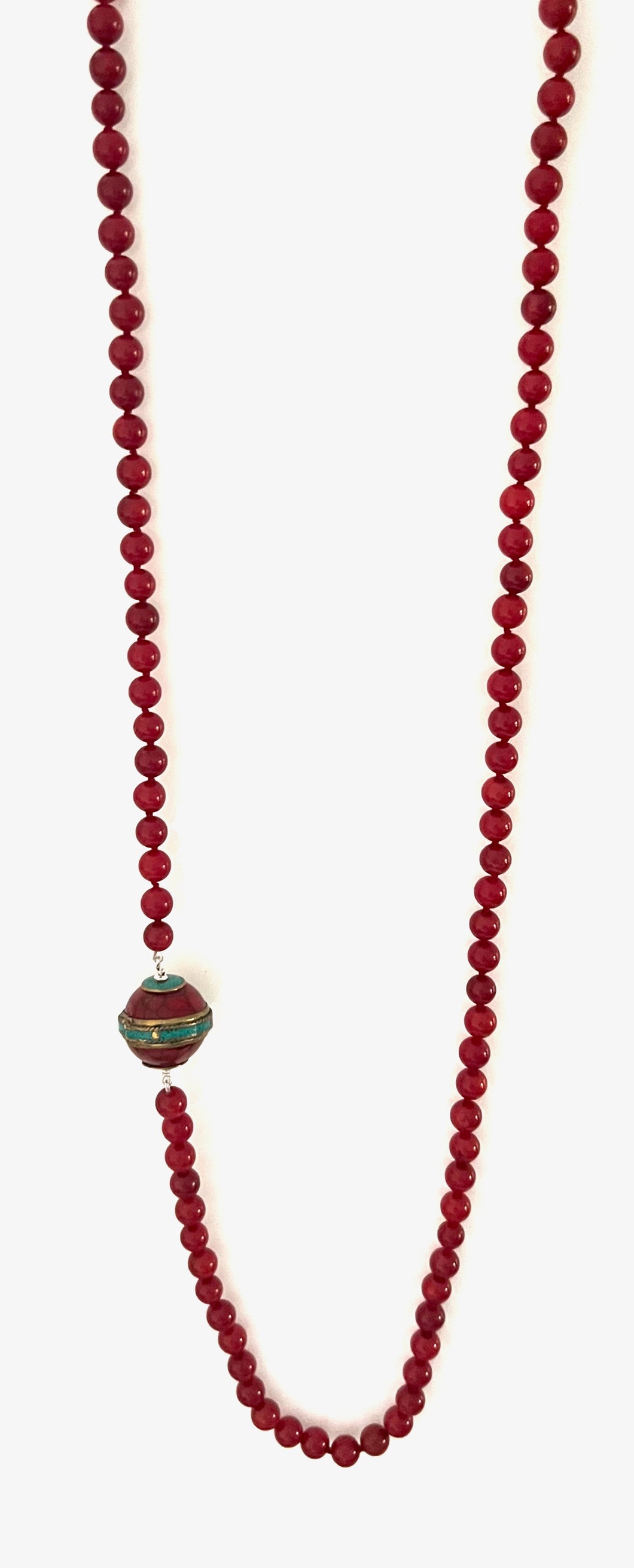 Australian Handmade Red Coral Long Necklace with Tibetan Bead Feature