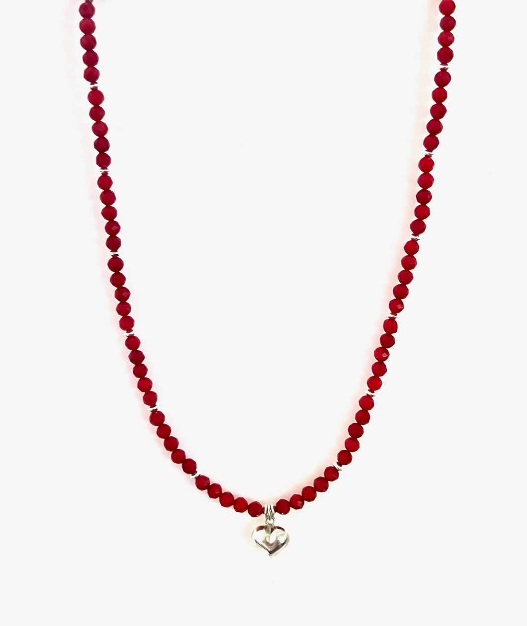 Australian Handmade Red Facetted Coral Bead Necklace with Sterling Silver Heart