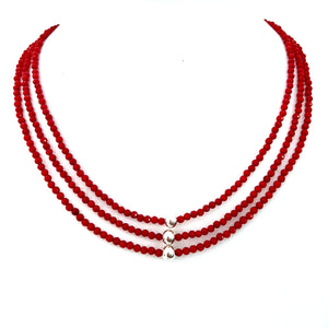 Australian Handmade Red Triple Strand Necklace with Facetted Coral and Sterling Silver