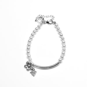 White Pearl Bracelet with Sterling Silver Flower and Hamsa