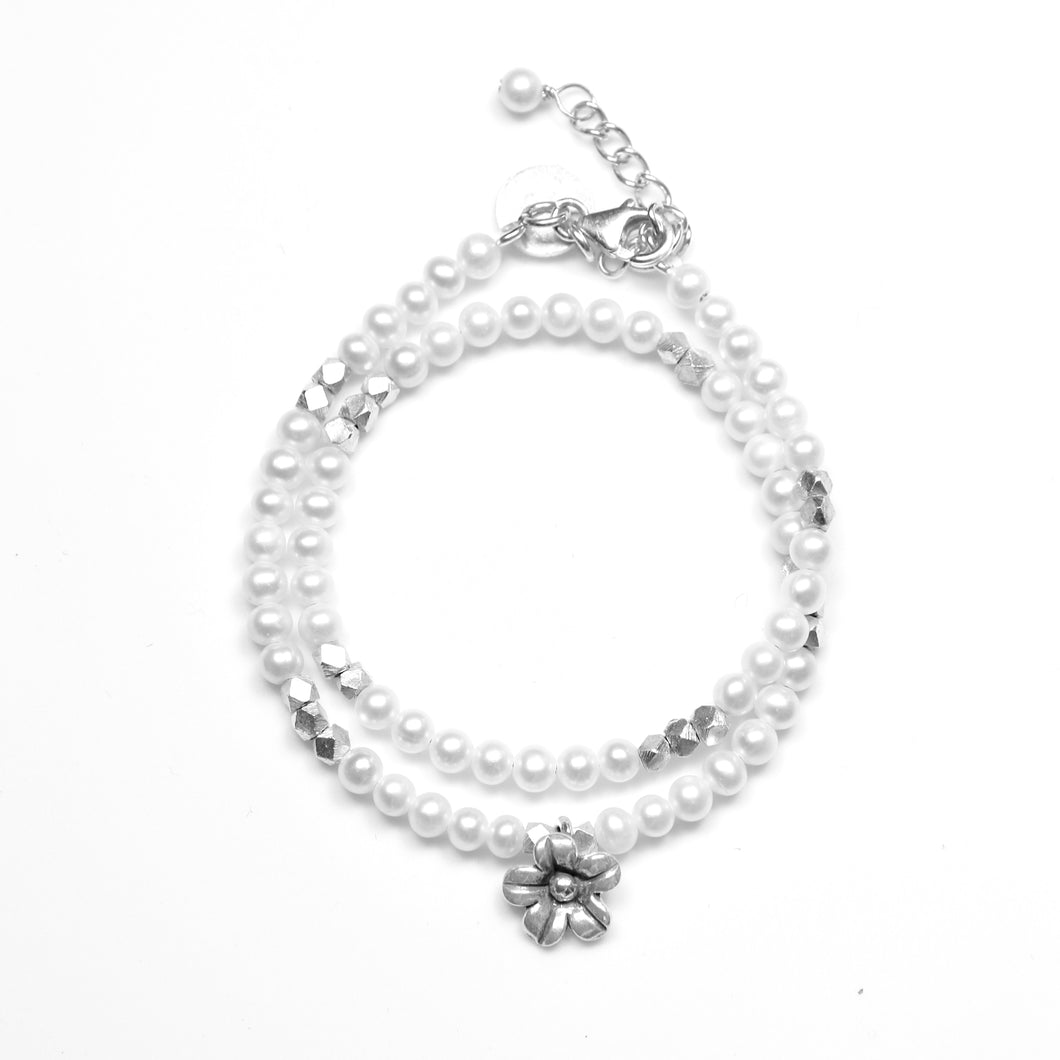 White Pearl and Sterling Silver Double Wrap Bracelet