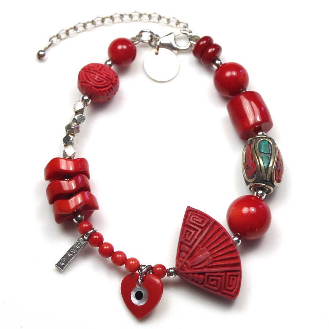 Red Coral Bracelet with Sterling Silver  Nepalese Bead and Cinnabar
