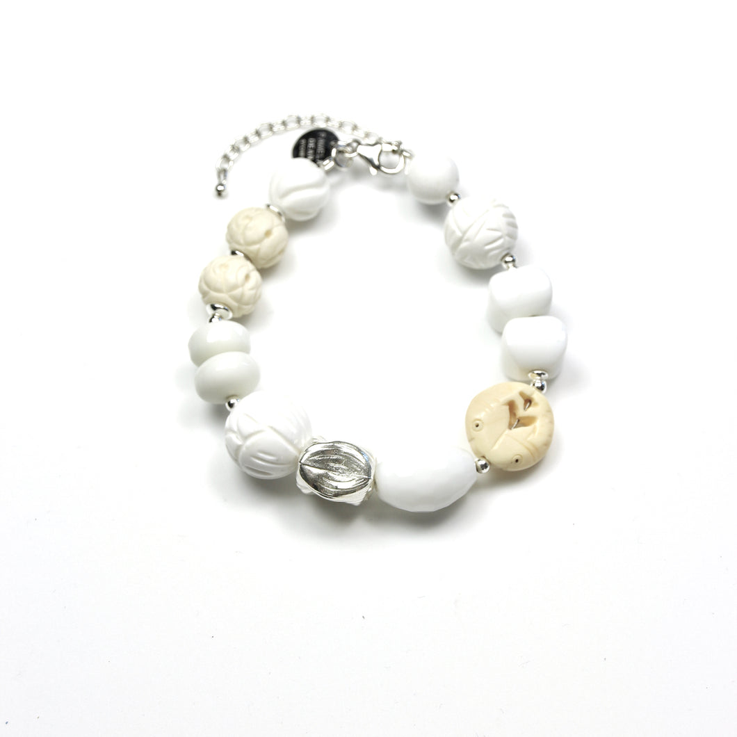 White Bracelet with Carved Cowbone Gemstones and Sterling Silver