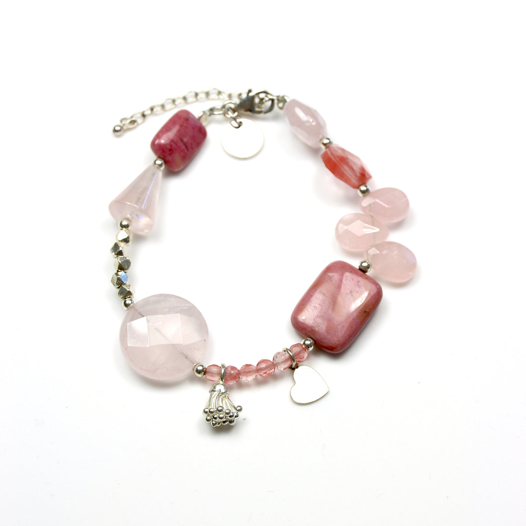 Pink Bracelet with Rose Quartz Rhodonite and Sterling Silver