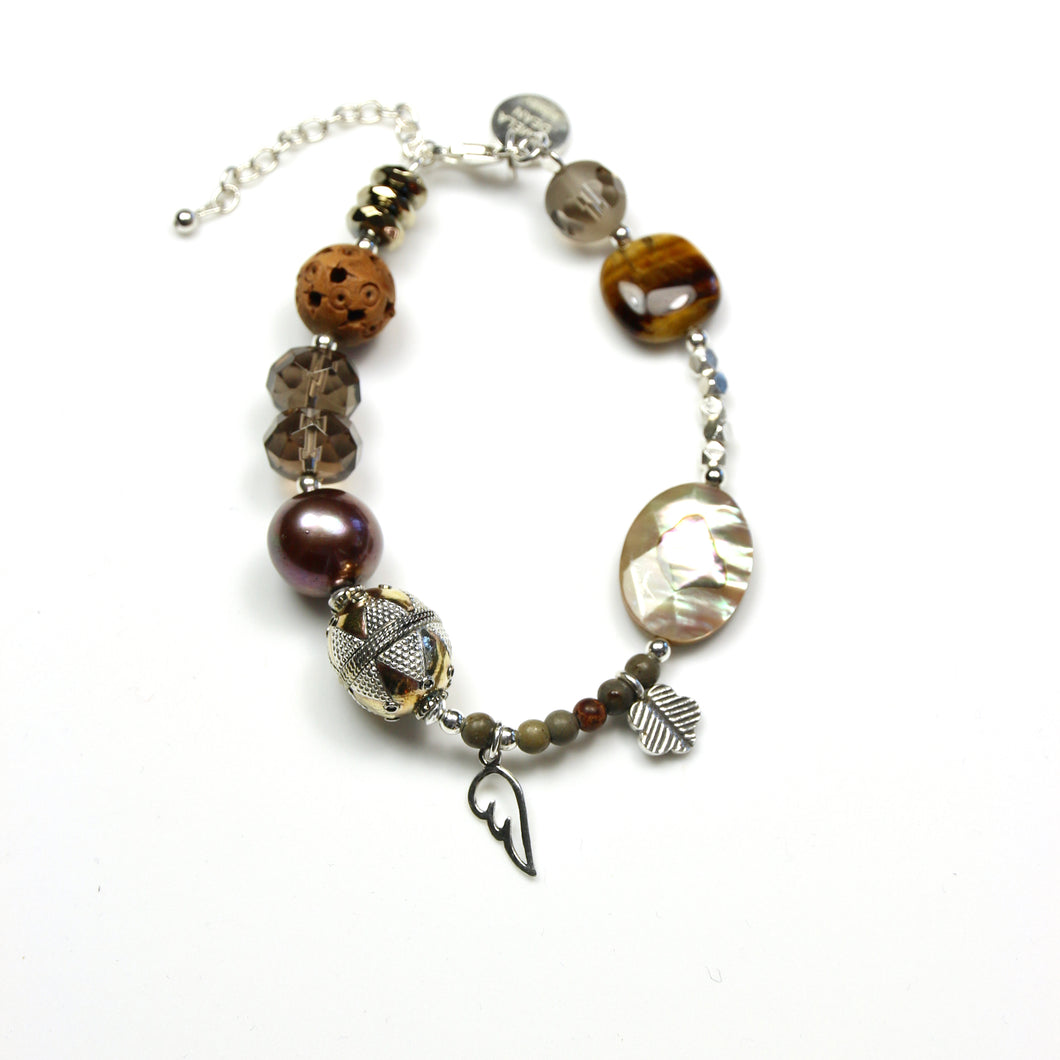 Brown Bracelet with Gemstones Pearl Afghani Bead and Sterling Silver
