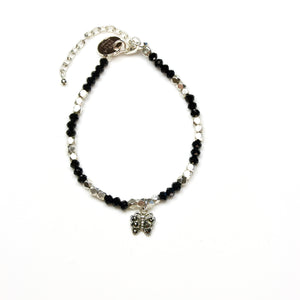Black Spinel Bracelet with Marcasite Butterfly and Sterling Silver Beads