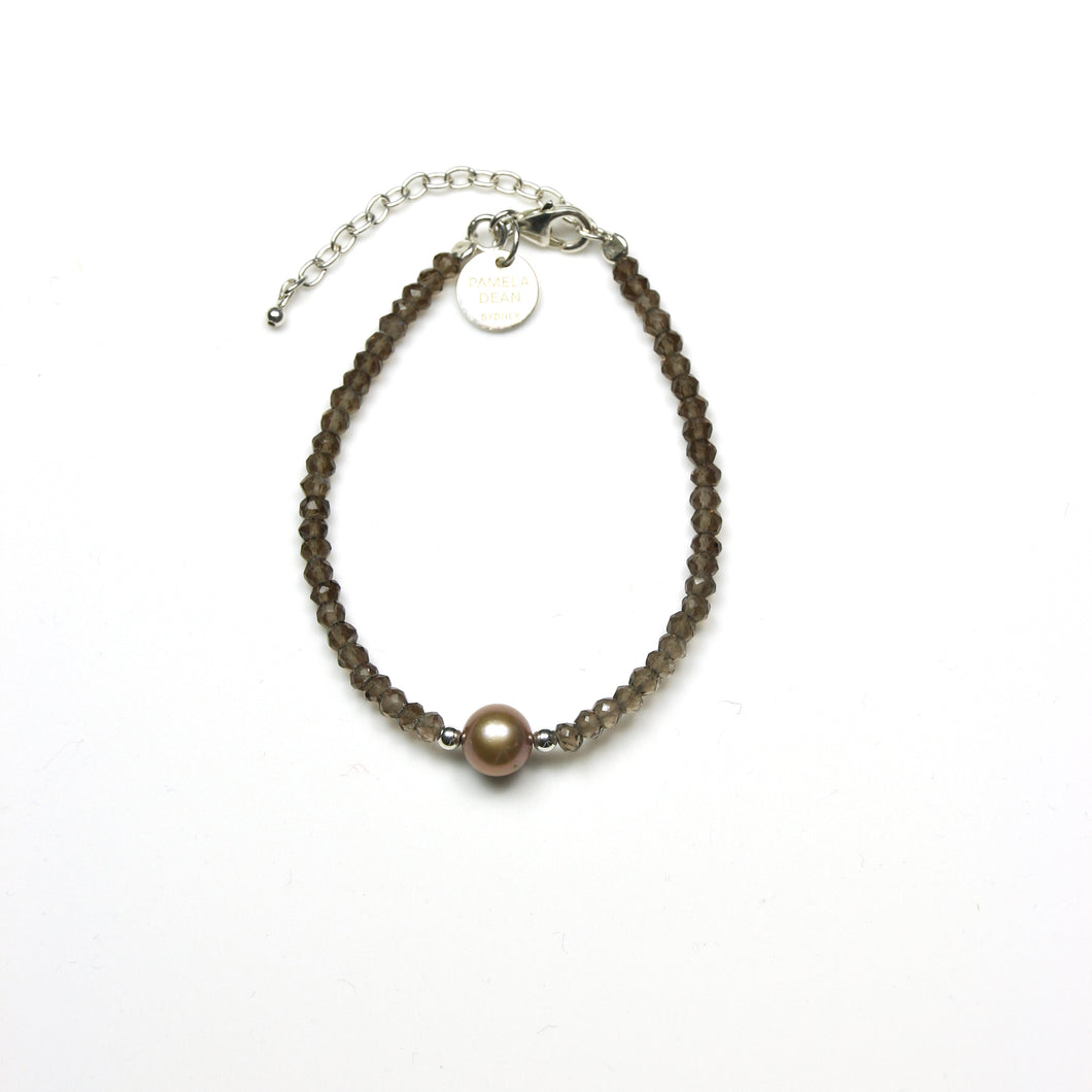 Brown Bracelet with Facetted Smoky Quartz Champagne Pearl and Sterling Silver