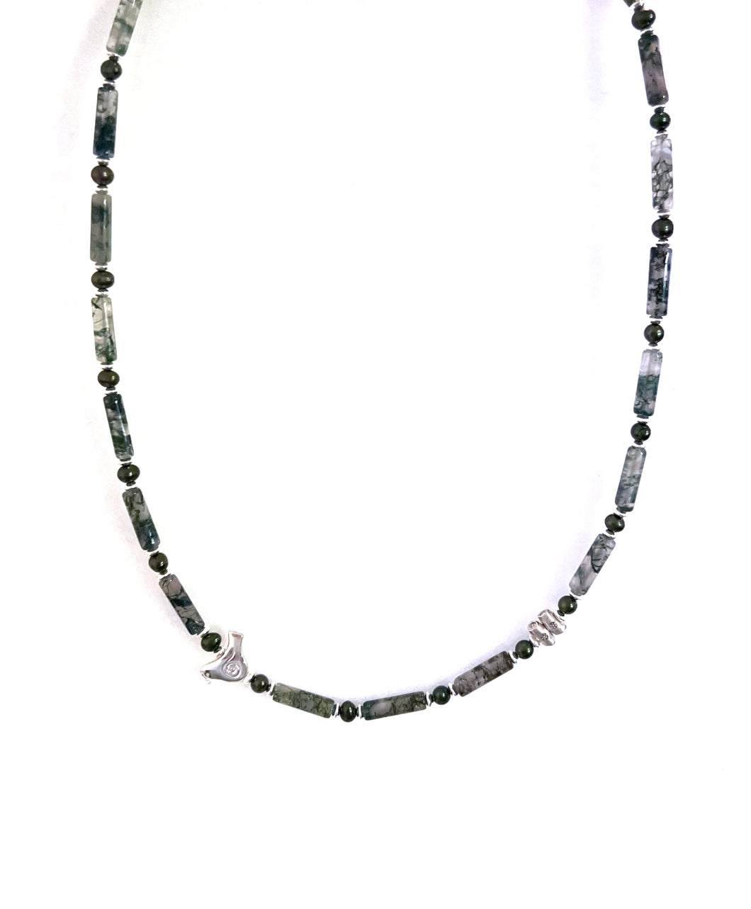 Australian Handmade Green Necklace with Moss Agate Pearls and Sterling Silver