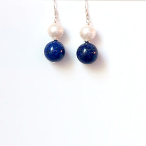 Blue Lapis Lazuli Round White Pearl and Sterling Silver Earrings