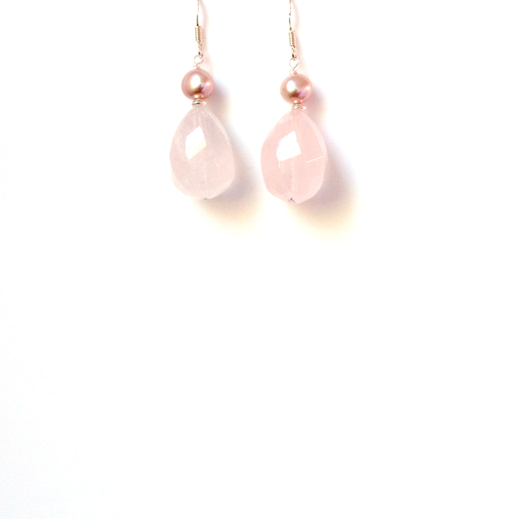 Pink Facetted Rose Quartz Beads with Pearl and Sterling Silver Earrings